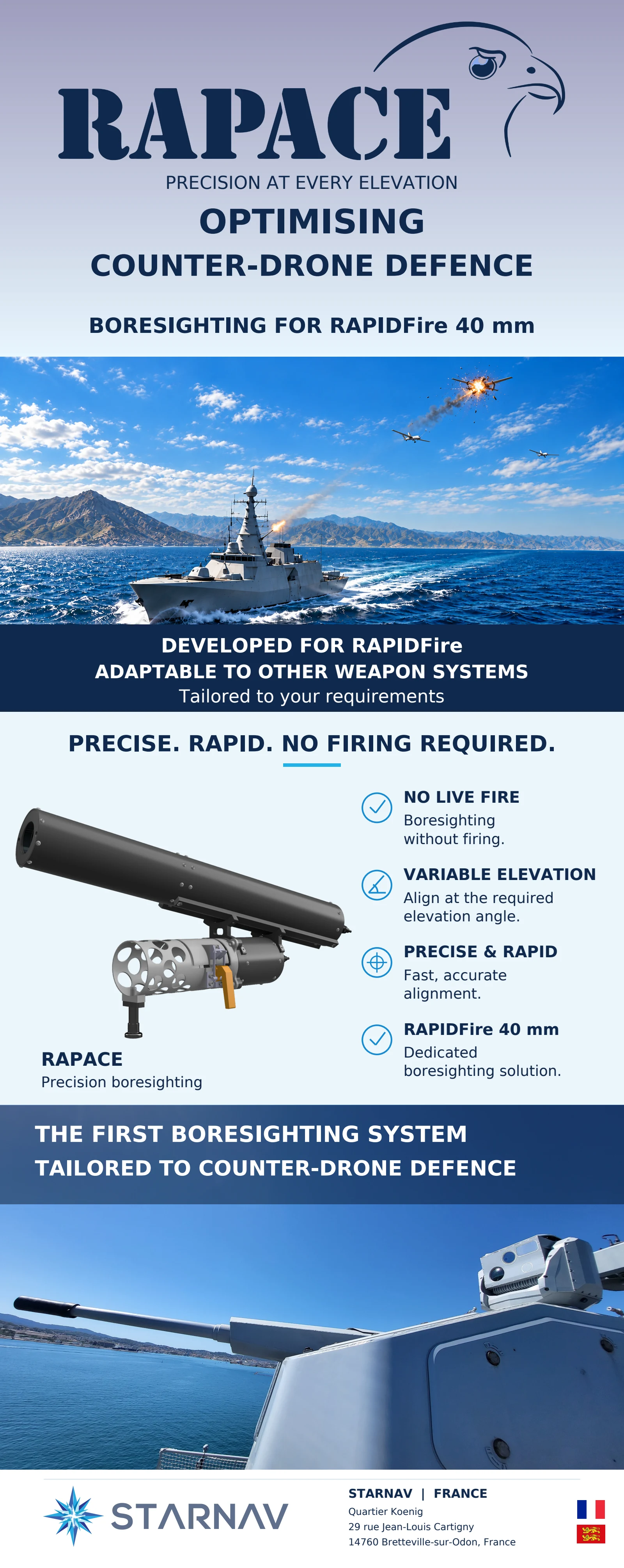 Affiche RAPACE pour Euronaval : présentation de la solution de simbleautage sans tir pour RAPIDFire 40 mm. Visuel en anglais.